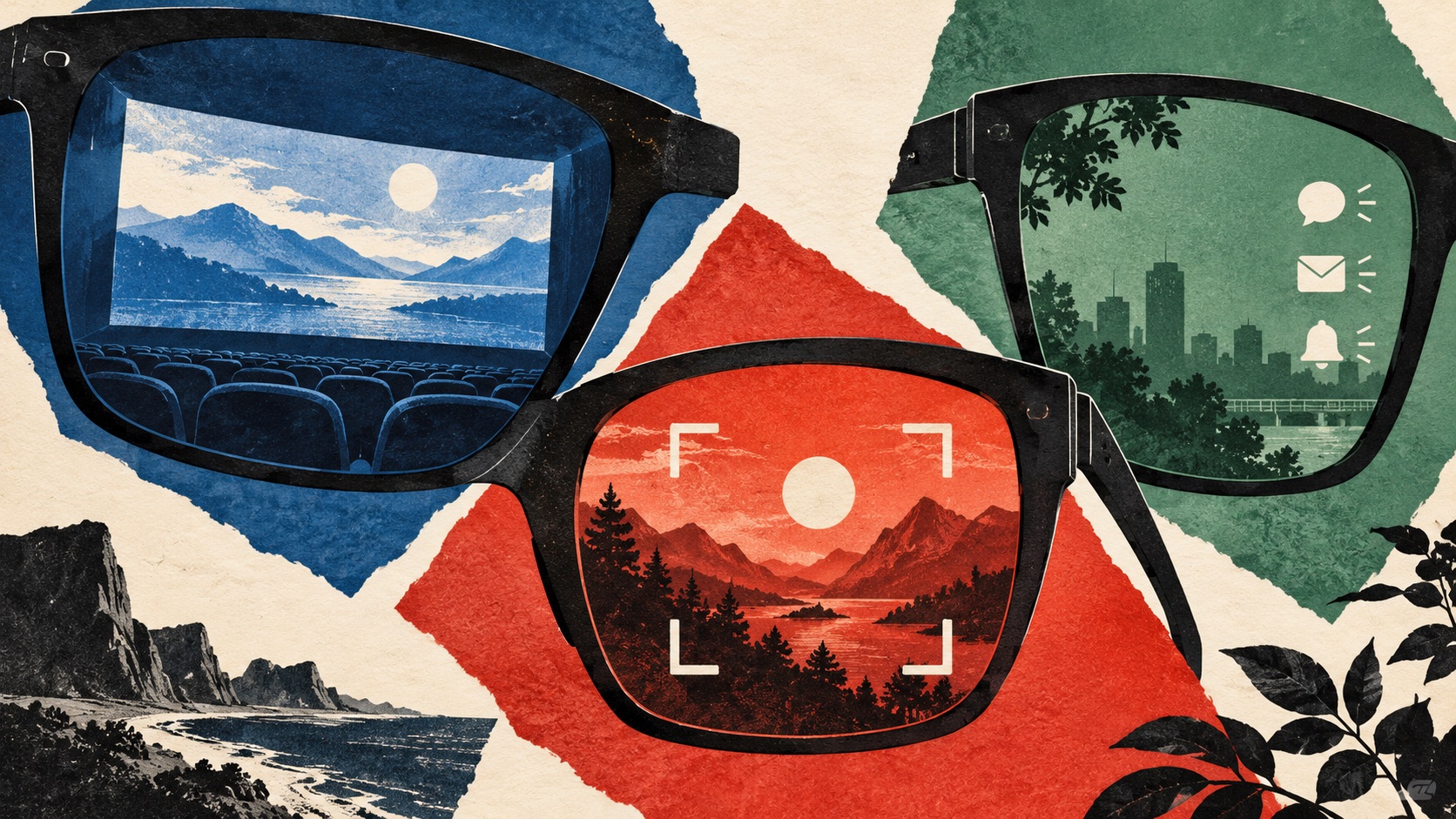 Illustration of three lenses representing movies, photography and notifications