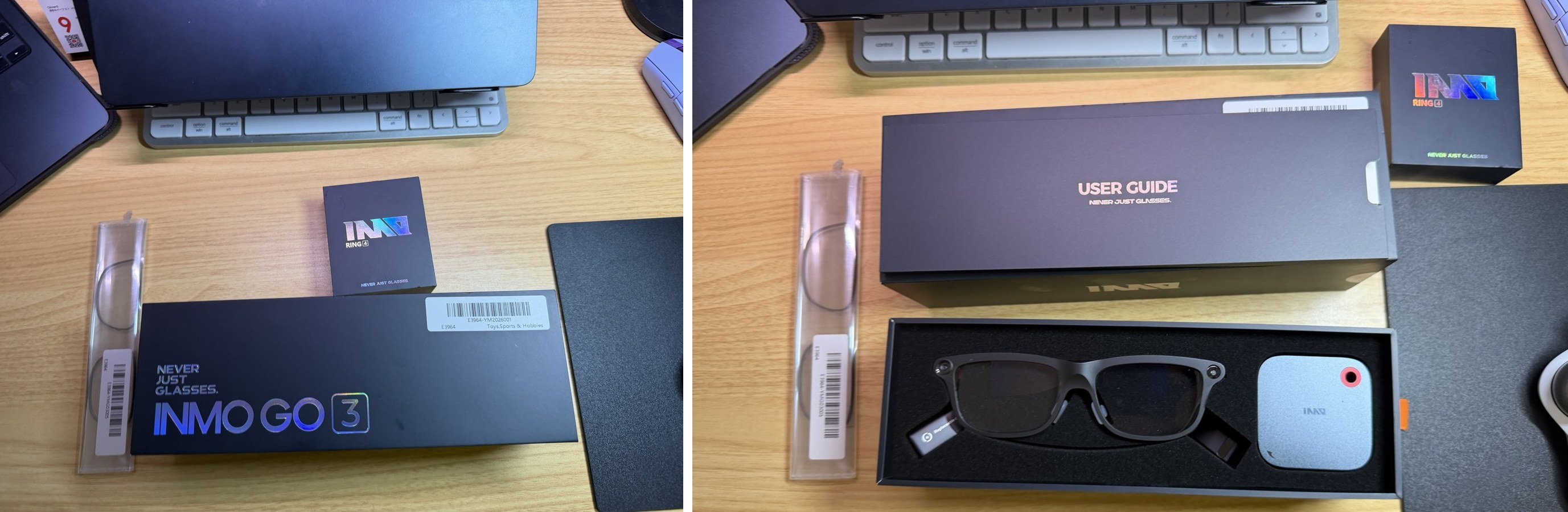 GO3 and Ring4 boxes (left), and the opened package (right), with the glasses and charging case side by side