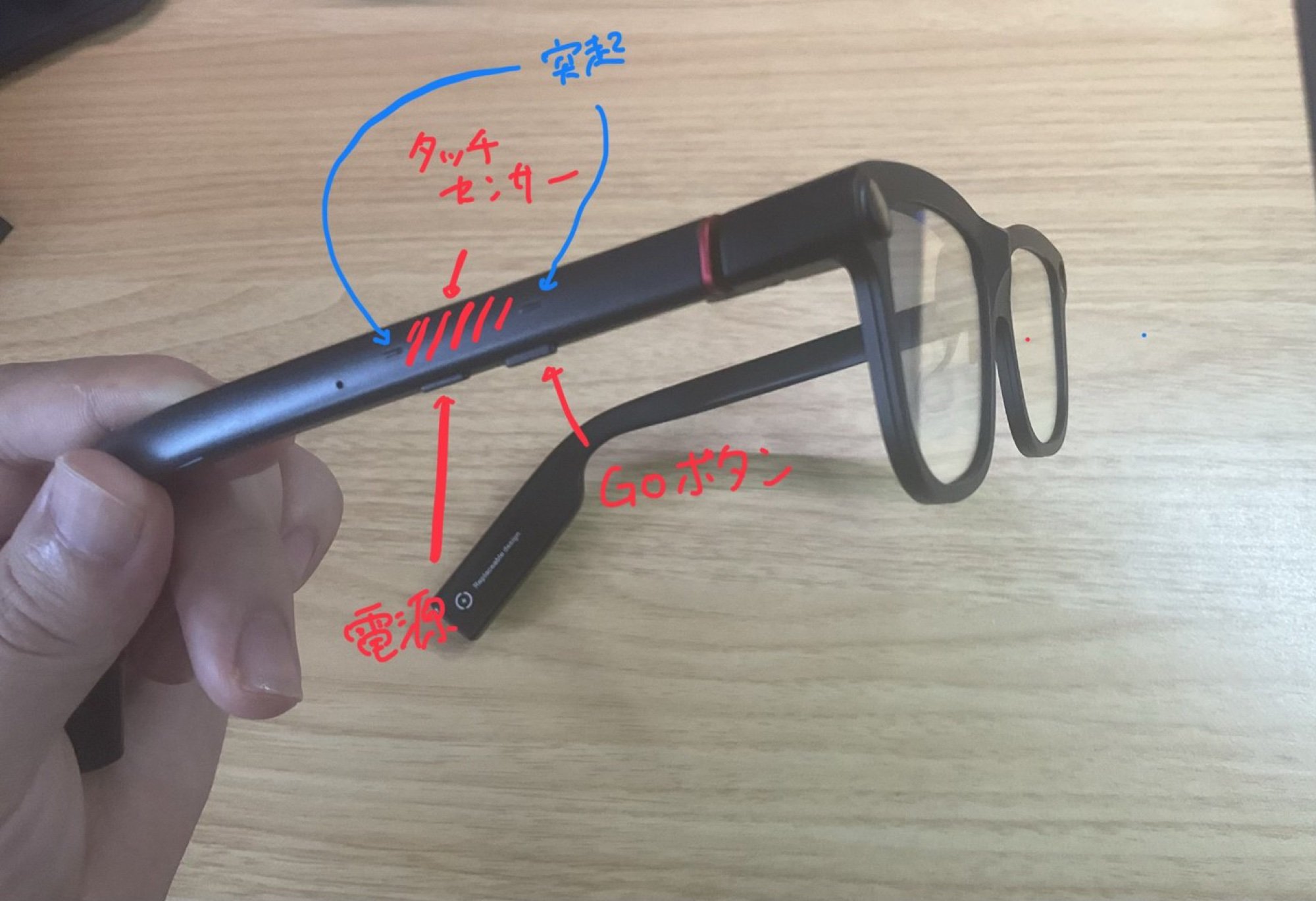 GO3's right temple: power and GO buttons underneath, with the touch sensor on the side and bumps at either end
