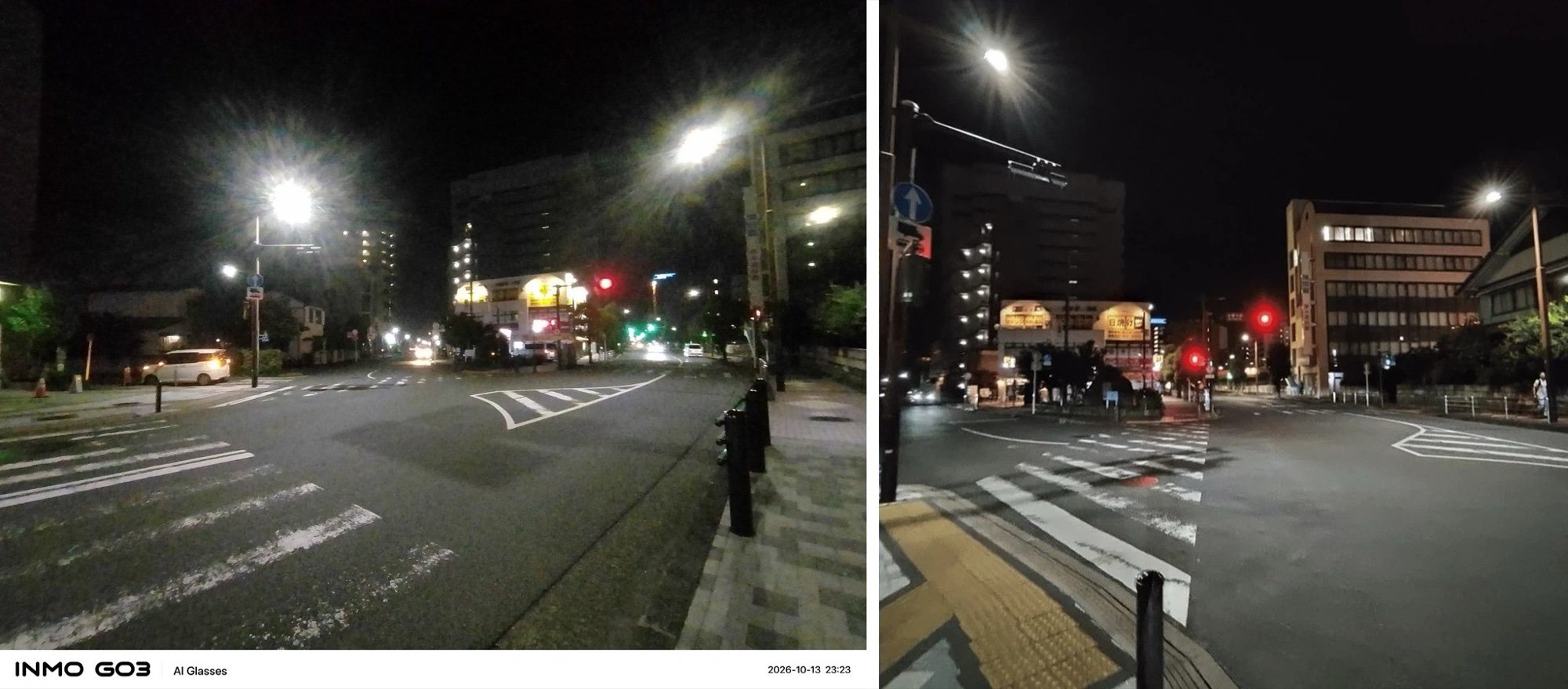 Nighttime samples at the same intersection: GO3 on the left, Rokid Glasses on the right